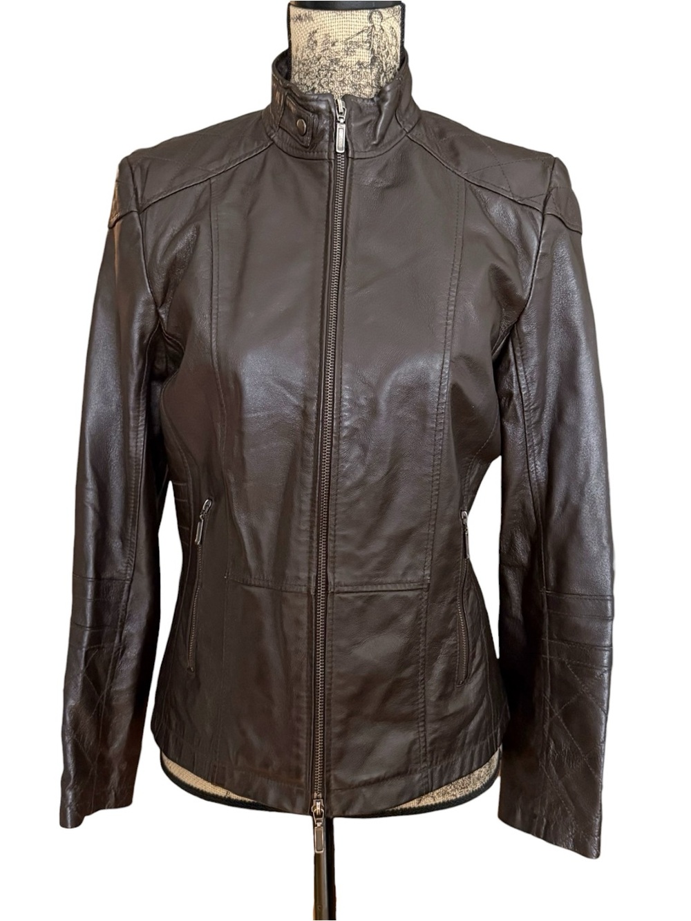 Vintage Dark Brown Leather Zip-Front Moto Jacket Size S